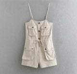 Pbong  Safari Style Spaghetti Strap Jumpsuit Women Open Button Lacing up Bow Waist Short Pants Romper Cotton Linen Playsuits