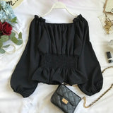 Pbong  Youth Elegant Blouse Women Chiffon Fashion Blouse Off Shoulder White Shirt Ruffle Puff Sleeve Top Office wear