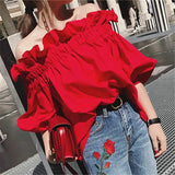 Women Korean Ruffles Off Shoulder Tee Top Puffy Sleeves Red Chiffon Blouse Female Oversize Casual Shirt Lady Chic New
