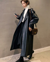 Spring Black Oversized Long Waterproof Leather Trench Coat for Women Long Sleeve Loose Korean Fashion Clothing