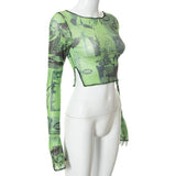 Sexy See Trough Crop Top  Vintage Graphic Print Green Mesh Sheer T-shirt Long Flare Sleeve Slim Fit Tee Women Clothes