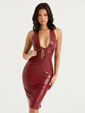 Halter Deep V Neck PU Leather Sexy Midi Dress For Women Robe Red Sleeveless Backless Bodycon Party Dresses Vestido
