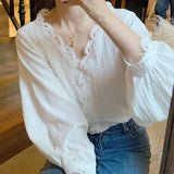 Pbong  Lace Ruffle Patchwork Women Loose Blouse Korean Casual All Match Shirt Elegant V-neck