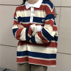 Retro Striped Hit Color Sweatshirt Polo Collar Pullover Female Oversized Sweatshirt Harajuku Style Ladies Vintage Preppy Top