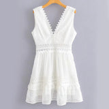 Pbong  100% Cotton Lace Mini Dress Summer Sexy Holiday Women Dress Crochet Sheer Backless Ruffle Ladies Beach Female Dresses