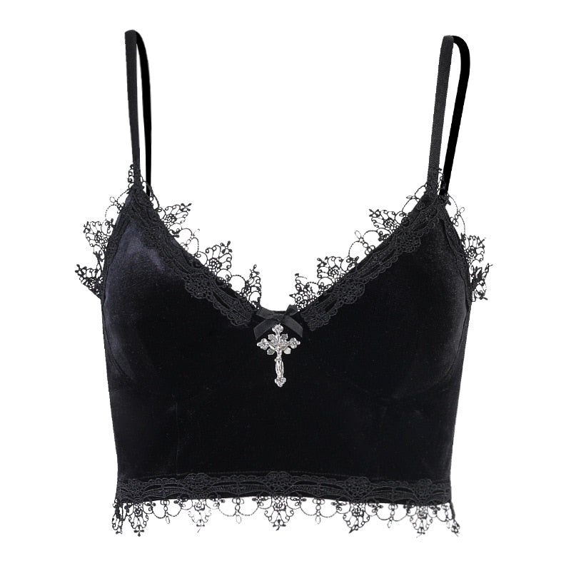 Velvet Y2K Mall Goth Crop Tops  Black Lace Trim Emo Alternative Aesthetic Crop Tops Women Backless Sexy Strap Tanks