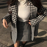 Spring Autumn Houndstooth Print Coats Women+skirt Two Piece Set Women New Turn-down Collar Single-breasted Streetwear Coat Suit