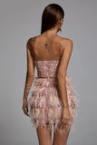 High Quality Pink Sequin Feather Mini Dress Fashion Strapless Night Club Party Bodycon Dress Vestidos
