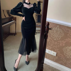 Elegant Mesh Velvet Black Long Dress Women Vintage Gothic Slim Party Dresses Female Winter Sexy Split Hollow Christmas Dress New