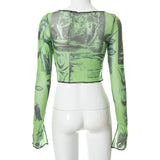 Sexy See Trough Crop Top  Vintage Graphic Print Green Mesh Sheer T-shirt Long Flare Sleeve Slim Fit Tee Women Clothes