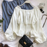 Pbong  Youth Elegant Blouse Women Chiffon Fashion Blouse Off Shoulder White Shirt Ruffle Puff Sleeve Top Office wear