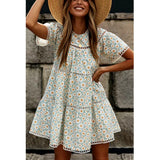 Pbong  Daisy Floral Print Boho Mini Dress Summer Holiday Vintage Dresses for Women Ruffle Chic Ladies Hollow Out Casual Dress