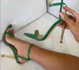 Ankle Buckle Strap Green High Heels Sandals Women's Pointed Toe Party Female Shoes Sandalias Mujer