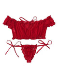 2PCS Off Shoulder Lace Up Bikini Set Women Sweet Casual Short Sleeve Swimsuits Beachwear Bathing Suits Sexy Lingerie