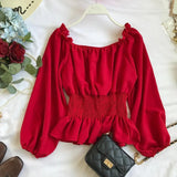 Pbong  Youth Elegant Blouse Women Chiffon Fashion Blouse Off Shoulder White Shirt Ruffle Puff Sleeve Top Office wear