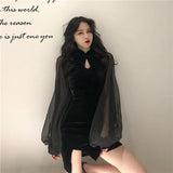 Black Slit Dress Women's Clothing Retro Patchwork Velvet Lantern Sleeve Dress Sexy  Woman Dresses Vestido De Mujer Femme Robe