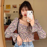 Pbong  Floral Youth Elegant Blouse Women Crop Top Pretty Blouses Chic Fashion Blouse Shirt For Party Puff sleeve Off shoulder