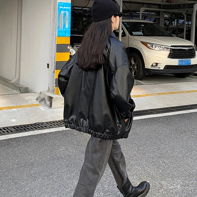 Korean Black Leather Jacket Women Winter Long Women's Moto Biker Zipper Jacket Streetwear Harajuku Y2K Loose Women's Coat