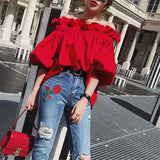 Women Korean Ruffles Off Shoulder Tee Top Puffy Sleeves Red Chiffon Blouse Female Oversize Casual Shirt Lady Chic New