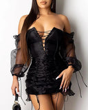 Mesh Lace-Up Drawstring Design Ruched Dress Women Bandage Bodycon Mini Party Dresses