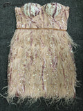 High Quality Pink Sequin Feather Mini Dress Fashion Strapless Night Club Party Bodycon Dress Vestidos