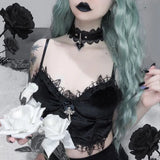 Velvet Y2K Mall Goth Crop Tops  Black Lace Trim Emo Alternative Aesthetic Crop Tops Women Backless Sexy Strap Tanks