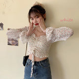Pbong  Floral Youth Elegant Blouse Women Crop Top Pretty Blouses Chic Fashion Blouse Shirt For Party Puff sleeve Off shoulder