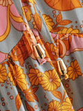 Pbong  Wood ears Lacing up O neck Orange Camellia Floral Print Short Sleeve Dress Retro Spliced Pleated Mini Short Dresses