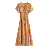 Pbong  Wood ears Lacing up O neck Orange Camellia Floral Print Short Sleeve Dress Retro Spliced Pleated Mini Short Dresses