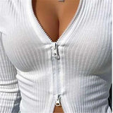 90s Vintage Korean Elegant Crop Tops Women Double Zipper Up Rib Knitted T-shirt Spring Autumn Long Sleeve Slim Fit Basic Tees