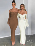 Hollow Out Backless Knitted Sexy Maxi Dress For Women Autumn New Off-shoulder Strapless Bodycon Long Dress Elegant