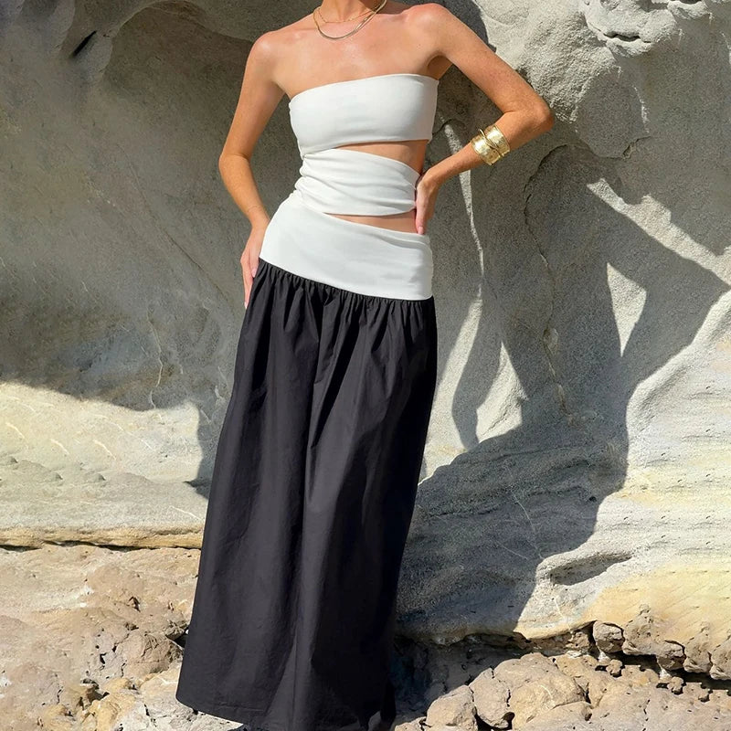 Hollow Out Clash Color Strapless Maxi Dress For Women Sexy Backless Off Shoulder Patchwork Female Summer Beach Dress New