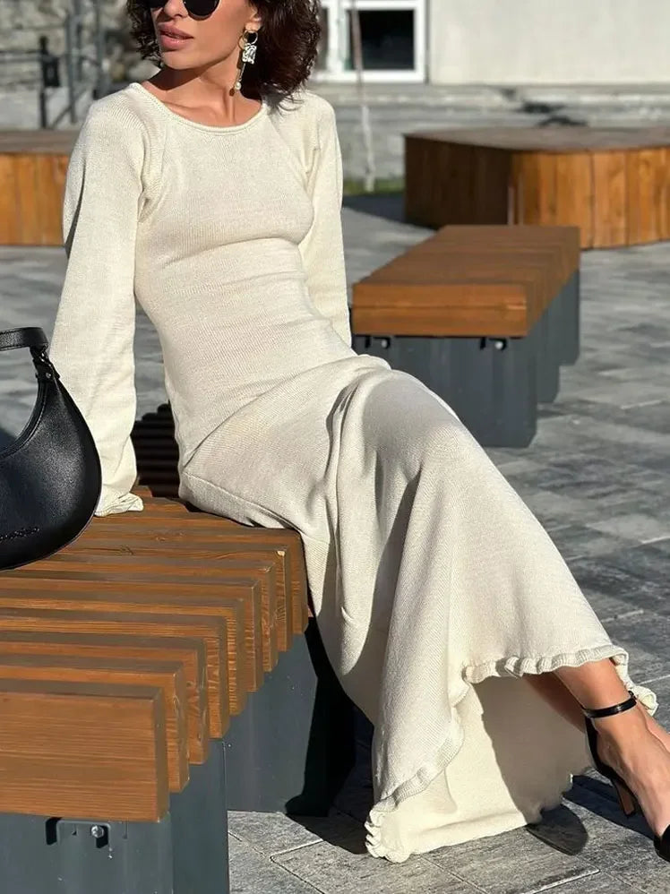 Knitted Backless Long Dress For Women Ruffled Lace Up High Waist Maxi Dresses Femme Party Elegant Bandage Fashion Dress