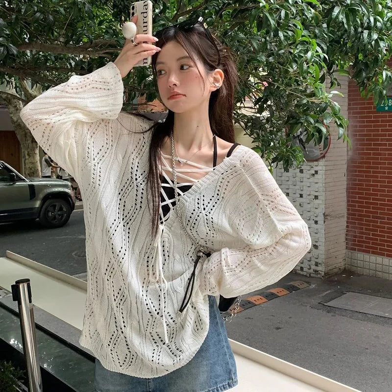 Knitted Hollow Out Shirt Women White Loose Lace Up Long Sleeve T Shirt Korean Fashion Chic Y2K Preppy Style Thin Tops New