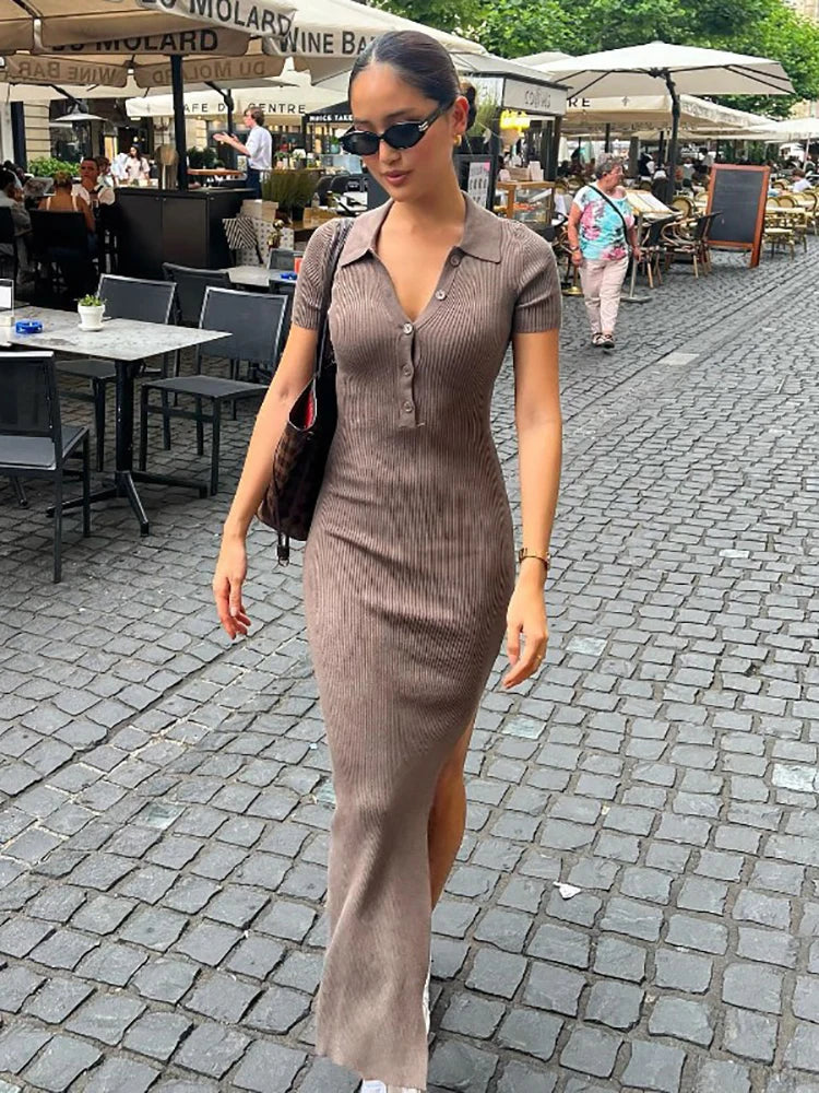 Knitted Women Bodycon Dress Sexy V-Neck Short Sleeve Split Long Dresses Autumn Black High Street Casual Party Vestidos