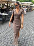 Knitted Women Bodycon Dress Sexy V-Neck Short Sleeve Split Long Dresses Autumn Black High Street Casual Party Vestidos