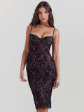 Lace Print Spaghetti Strap Sexy Midi Dress For Women Black Sleeveless Backless Bodycon Club Party Printed Long Dress