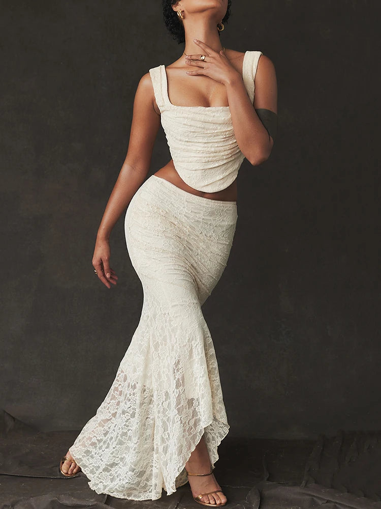Lace Sexy Two Piece Skirt Set Women Sleeveless Crop Tops And Skirt Femme Elegant Party Two Piece Sets Fashion