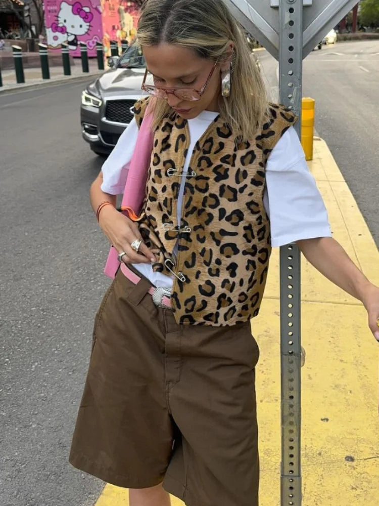 Leopard Print Sleeveless Street Women's Vest Fashion V-neck Slim Fit Short Waistcoat Casual Lady Autumn Commute Outerwears