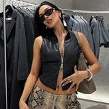 European and American style autumn new cross-border women's fashion stand-up collar sexy backless slim navel-exposed PU small vest for women