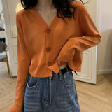 Button Up Knit Cardigan Sweater Women Long Sleeve Boxy fit Crop Top Sweater Jacket Autumn Winter Teen-girl Casual Daily Outfit