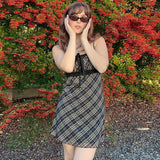 spring new sweet fresh plaid suspenders sexy lace stitching dress A-line short skirt