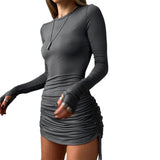 European and American women's clothing new hip skirt fashion style temperament sexy drawstring pleated long-sleeved dress female