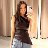 European and American women's one-shoulder sleeveless vest, autumn Amazon new solid color slim-fitting oblique collar zipper slimming top