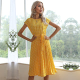 summer hot sale European and American mid-length skirt short-sleeved tie polka dot pleated dress