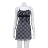 spring new sweet fresh plaid suspenders sexy lace stitching dress A-line short skirt
