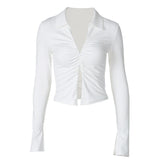 women's clothing autumn new fashion navel-baring slim zipper lapel long-sleeved T-shirt tops wholesale