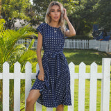 summer hot sale European and American mid-length skirt short-sleeved tie polka dot pleated dress