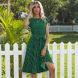 summer hot sale European and American mid-length skirt short-sleeved tie polka dot pleated dress
