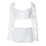 European and American women's clothing spring and summer new pure desire low-cut lace mesh long-sleeved splicing pleated shorts suit for women